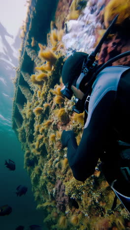 scuba diver exploring a shipwreck underwater