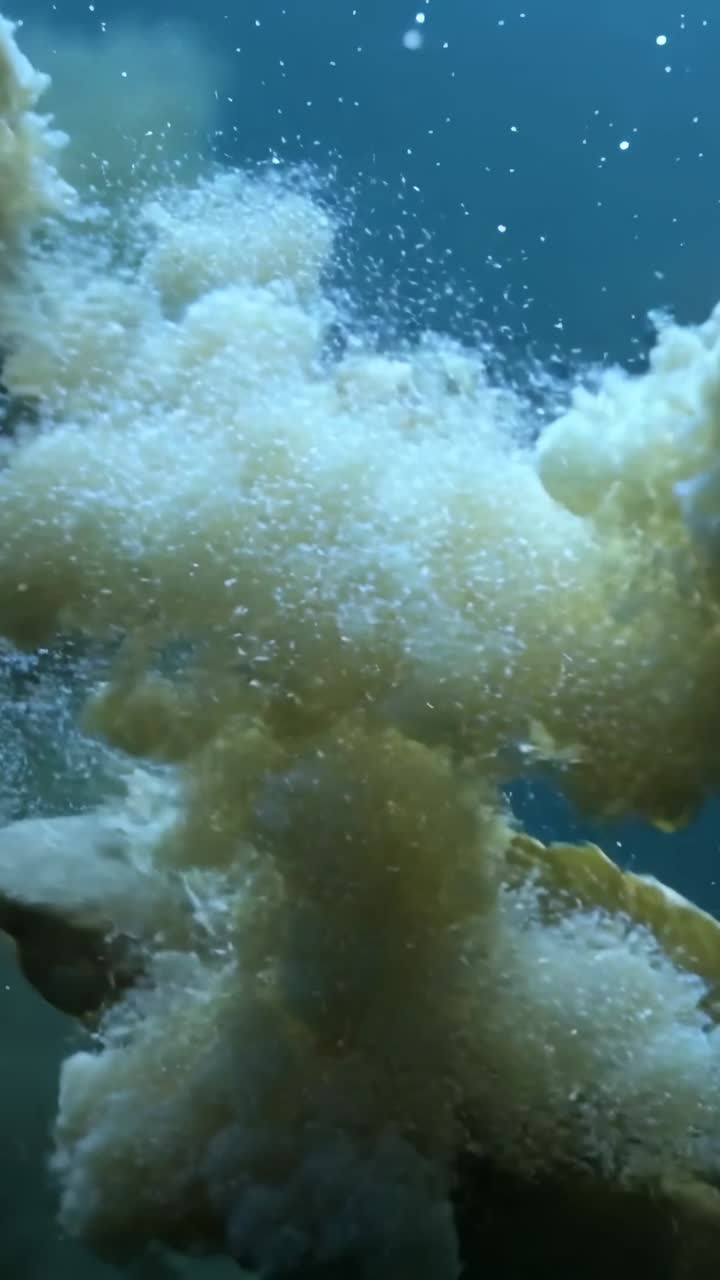 Video vertical: Fronda de algas marinas liberándose y desprendiendo plumas beige en aguas sublitorales, impulsada por la corriente.