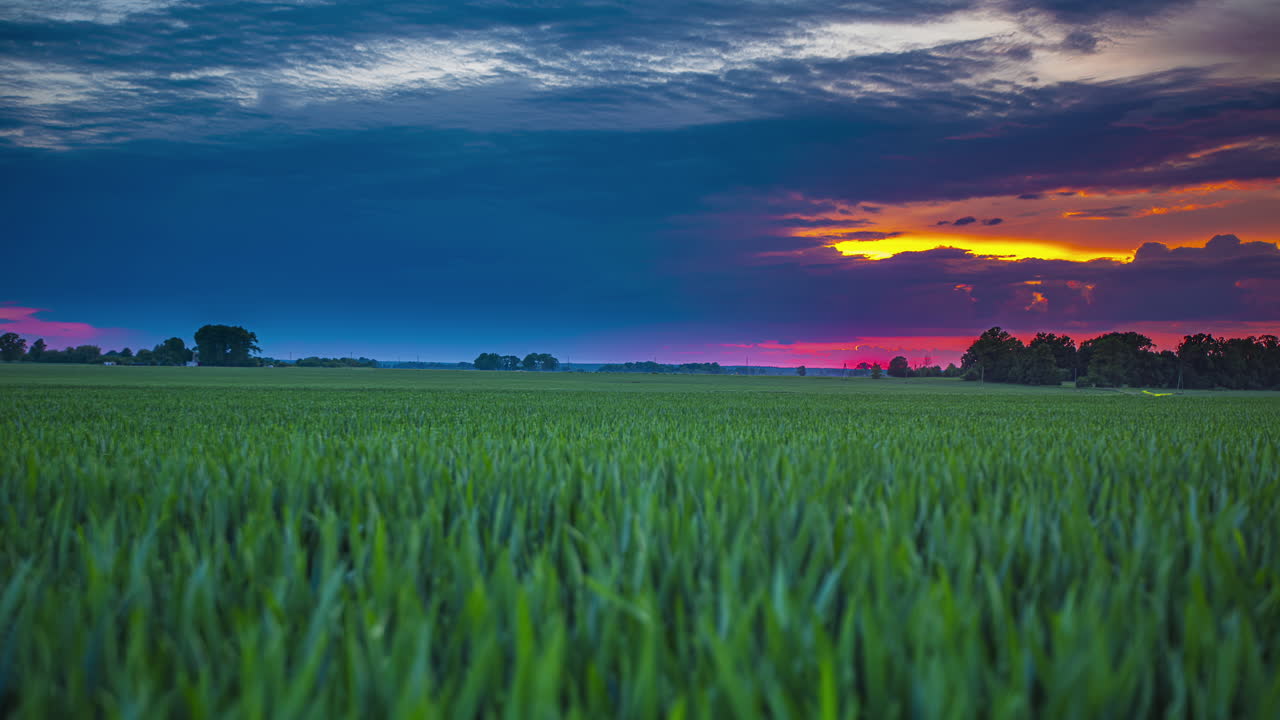 tiempo de puesta de sol grandes nubes en movimiento, hierba alta campo abierto paisaje rural