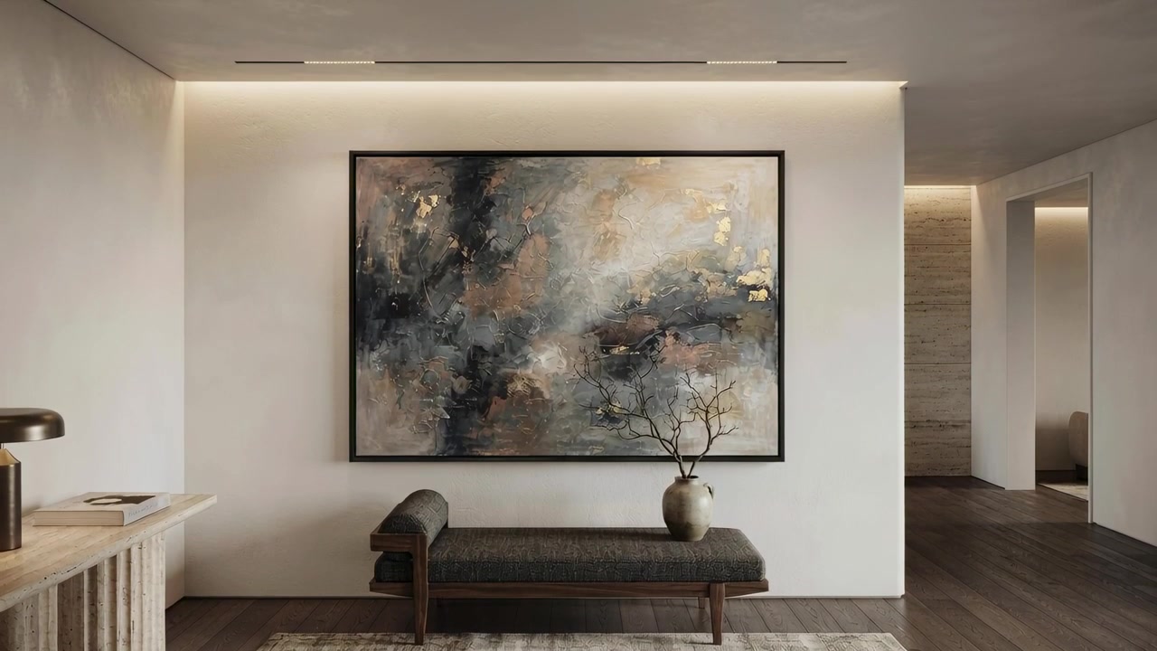 Pushing camera doing slow zoom toward painting in home entry, highlighting artwork bench vase