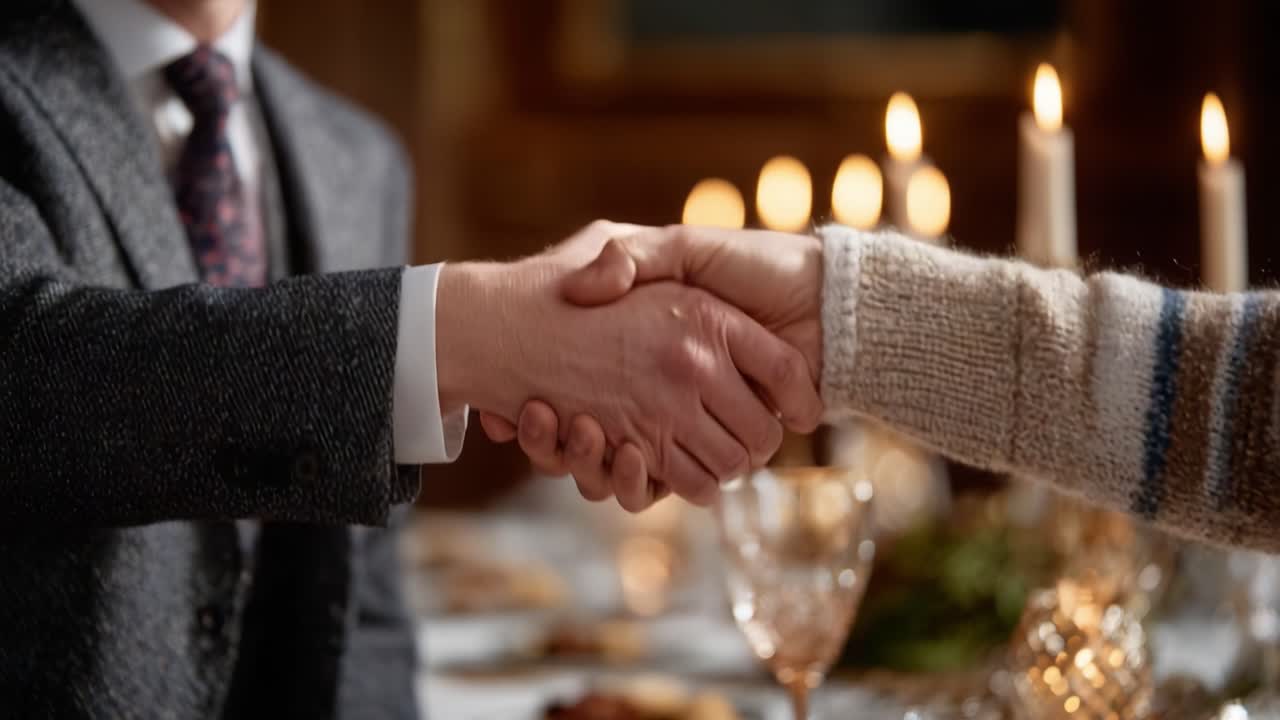 A Heartwarming Gesture of Agreement: An Intimate Handshake Between Two Individuals in a Warmly Lit Setting Enhanced by Flickering Candlelight