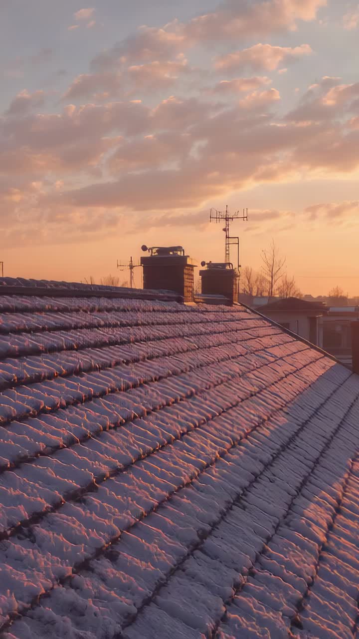 Vertical video: Bathing sloped snowy tiled roof while sun rising, highlighting chimneys