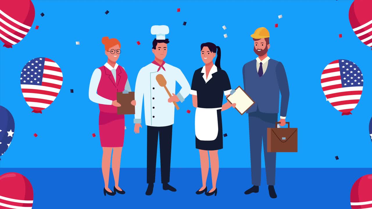 미국 국기와 풍선, 헬, 노동자의 축하 노동의 날