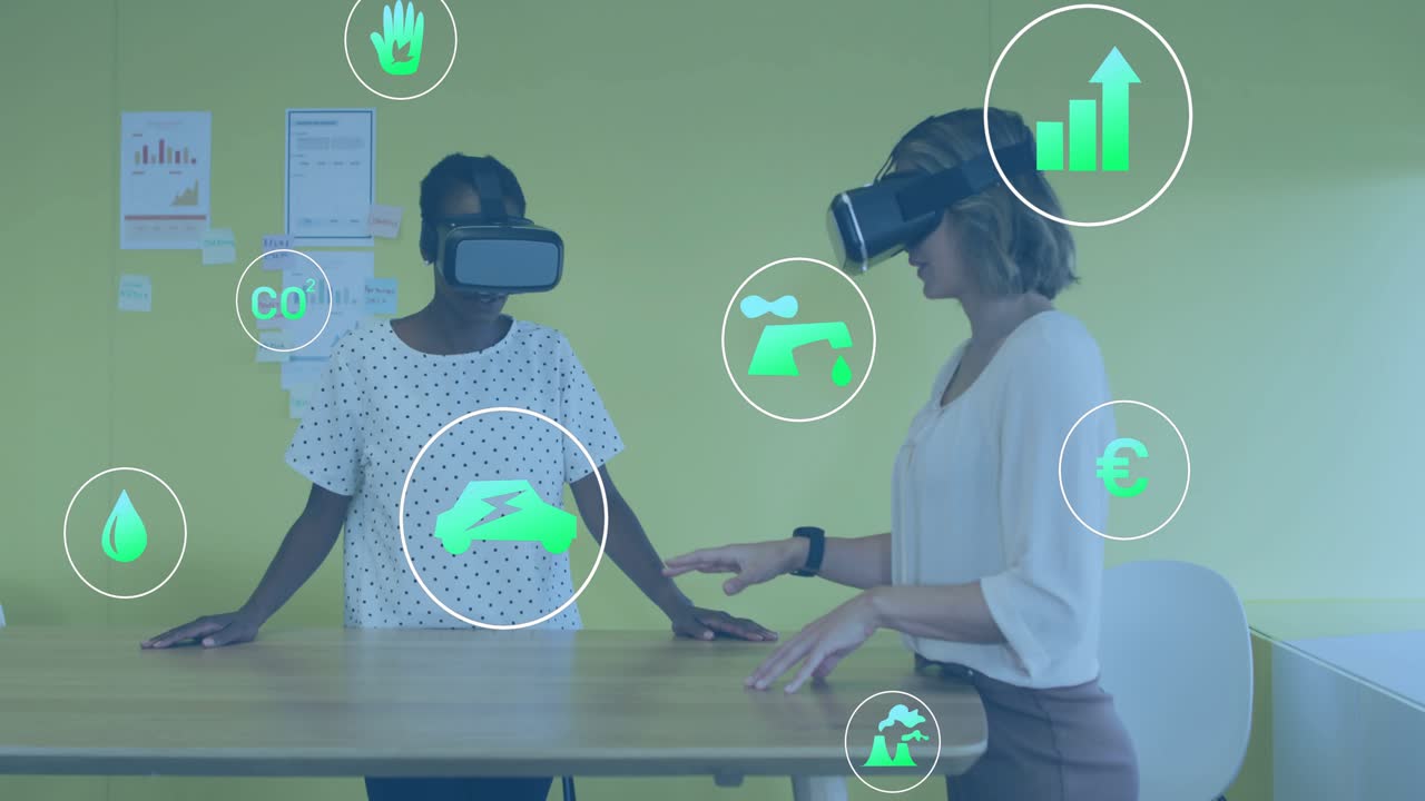 Colleagues putting on VR headsets and selecting handshake, CO?, bar chart icons for technology demo