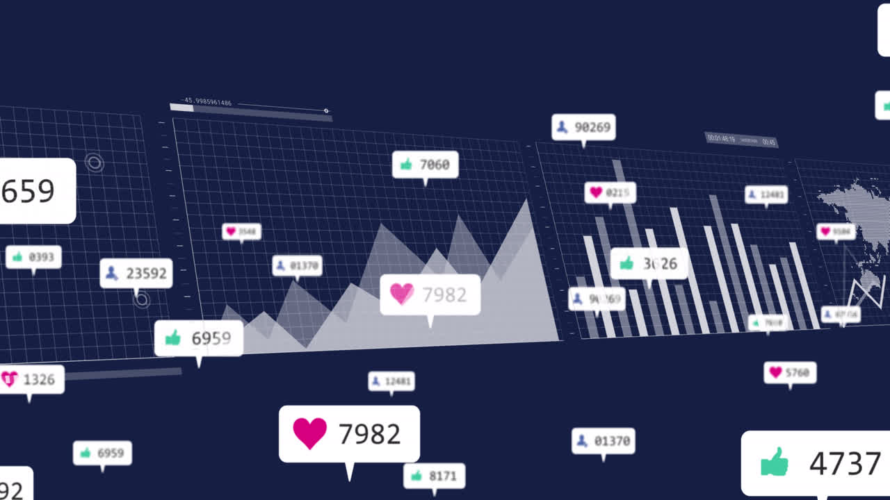 animación de las redes sociales y el procesamiento de datos financieros sobre un fondo oscuro