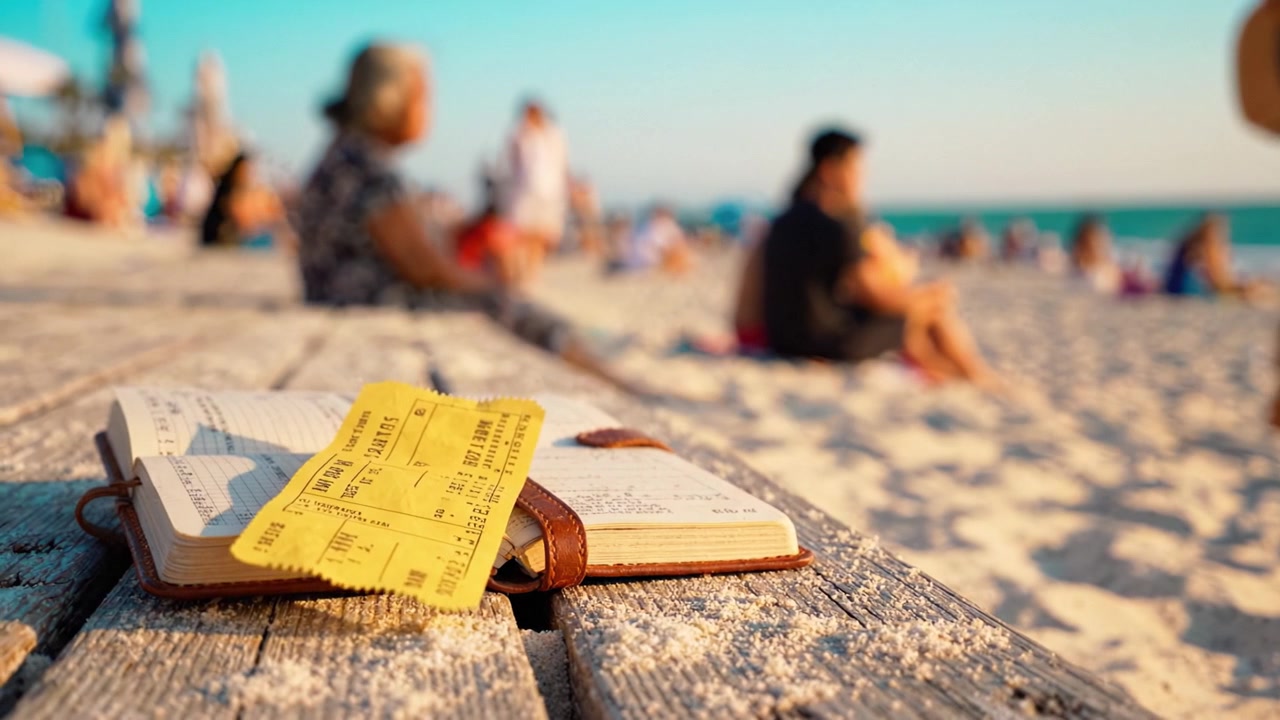 A serene beach scene featuring an open notebook and yellow tickets, capturing the essence of summer memories and the joy of travel in a vibrant coastal setting.