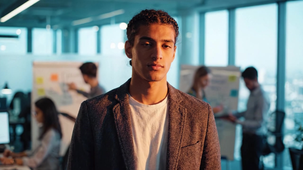 Confident Professional in Modern Workspace: A Young Man Stands Assertively Amid Collaborative Environment, Showcasing Leadership and Team Dynamics in the Office.