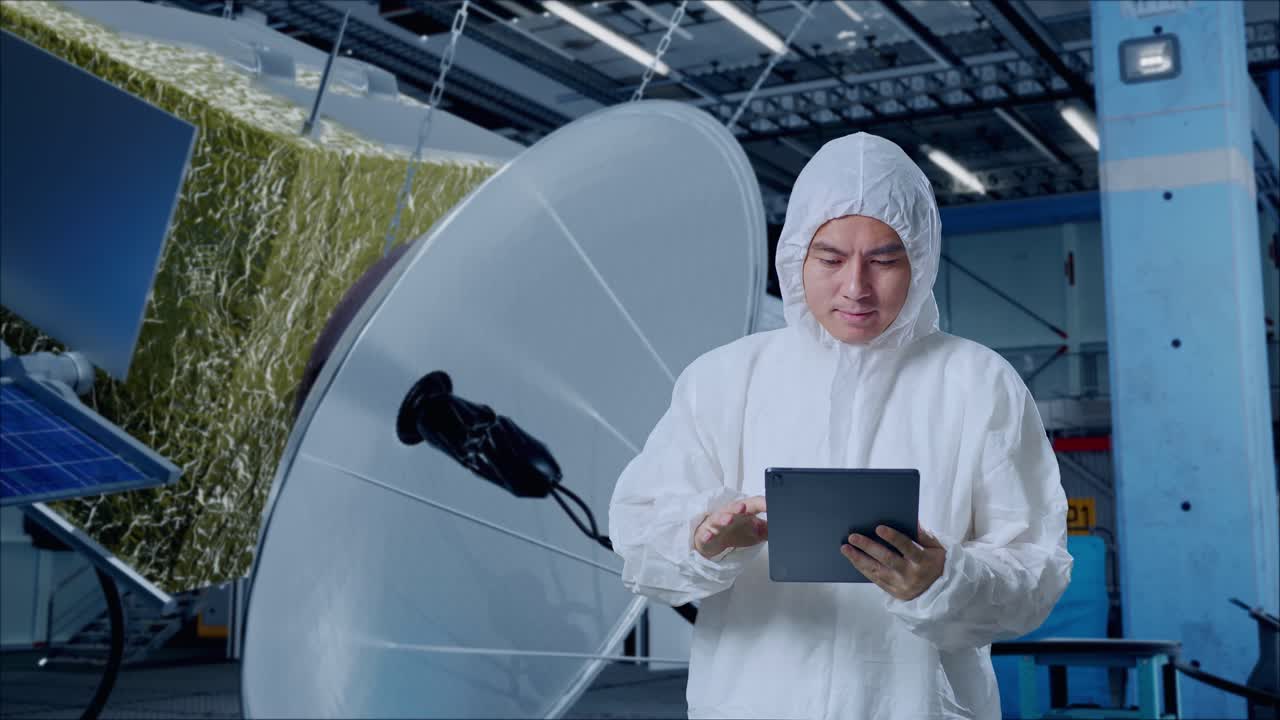 científico masculino asiático usando una tableta mientras está de pie con la construcción de la nave espacial