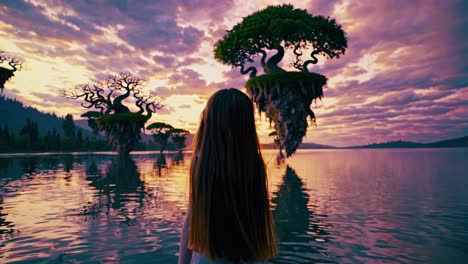 girl looking up at floating trees at sunset