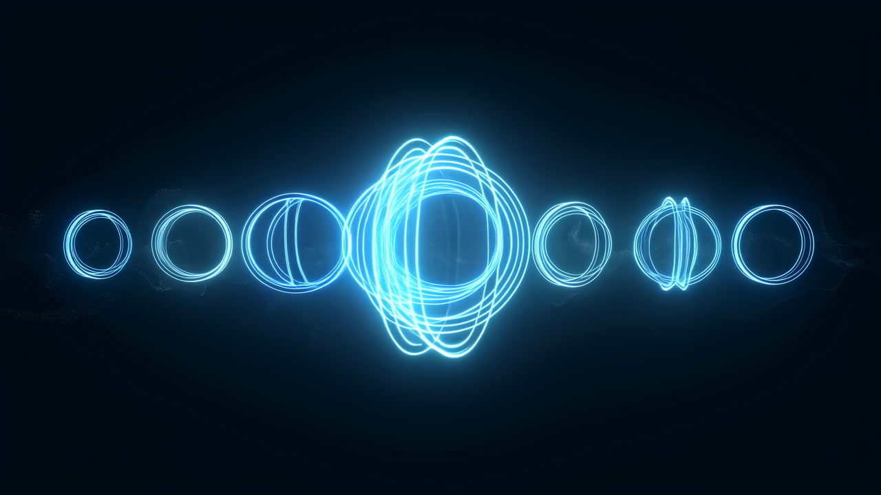 Blue Orbital Rings Pulse Like Equalizer, Energetic Sound Visualizer With Central Neon Orb And Rhythmic Motion,
