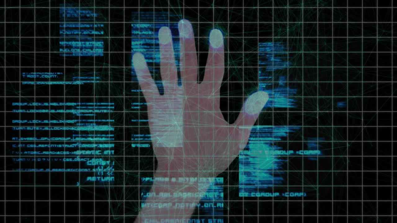 Palm scanning being animated in 3D render interface, with glowing grid, network lines and code
