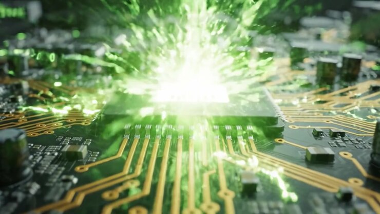 Exploring the Intricate Details of a Circuit Board: A Close-Up View of Technology in Motion with Green LED Lights Illuminating the Pathways and Components