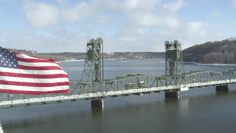 aerial establishing stillwater lift bridge over saint croix river in minnesota