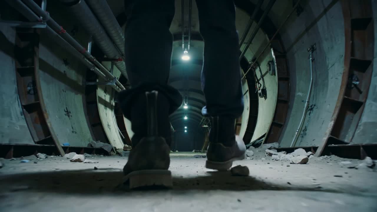 Stepping onto rubble, man's boots and lower legs walking through circular tunnel inspecting pipes