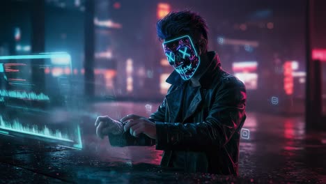 digital artist creates futuristic cityscape under neon lights while interacting with holographic projections