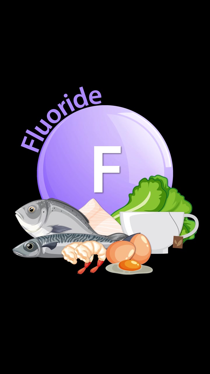 A purple fluoride element icon appears with its name, then healthy food illustrations like fish, eggs, shrimp, and leafy greens animate in below on a black background