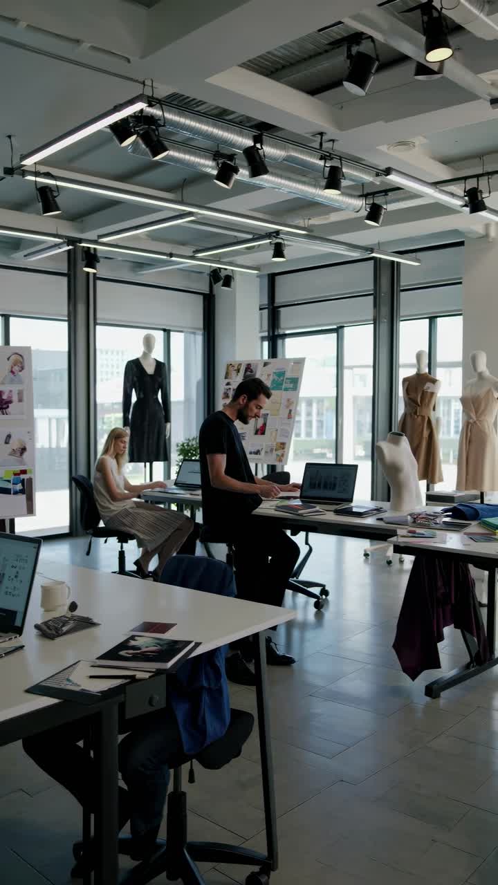 Modern fashion studio with mannequins and designers at work
