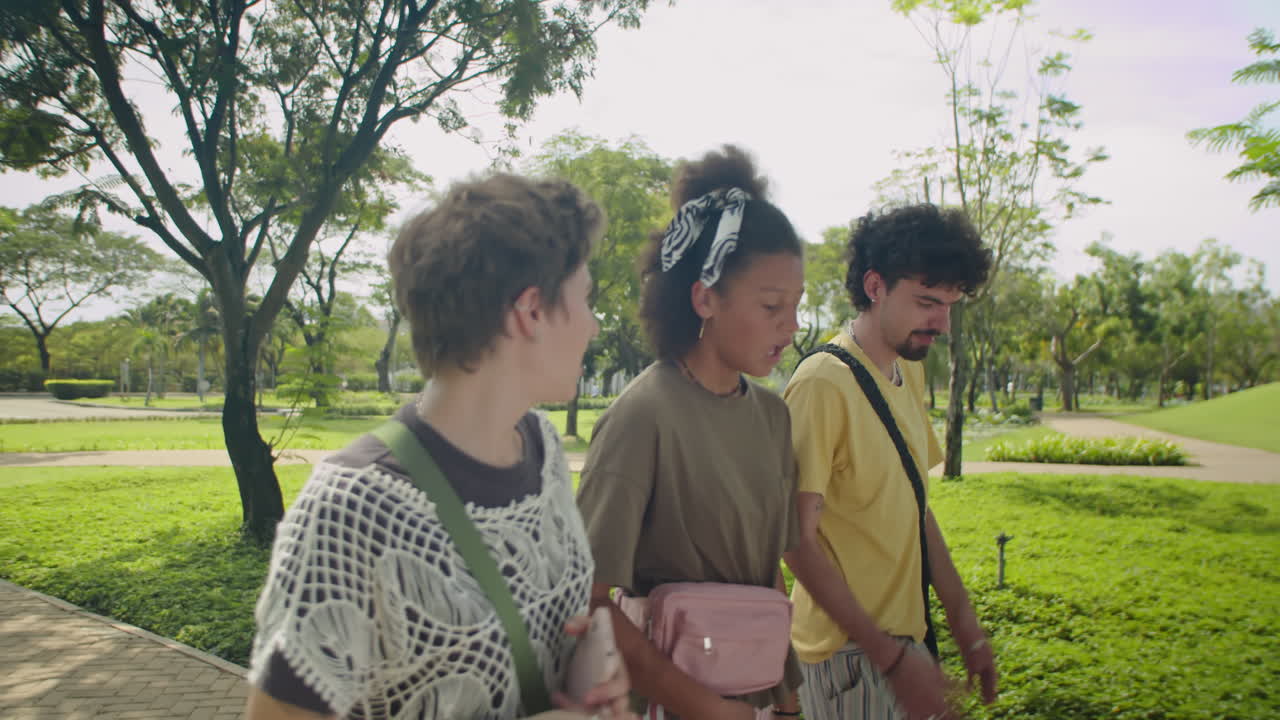 Young Friends Walking in Park and Having Discussion