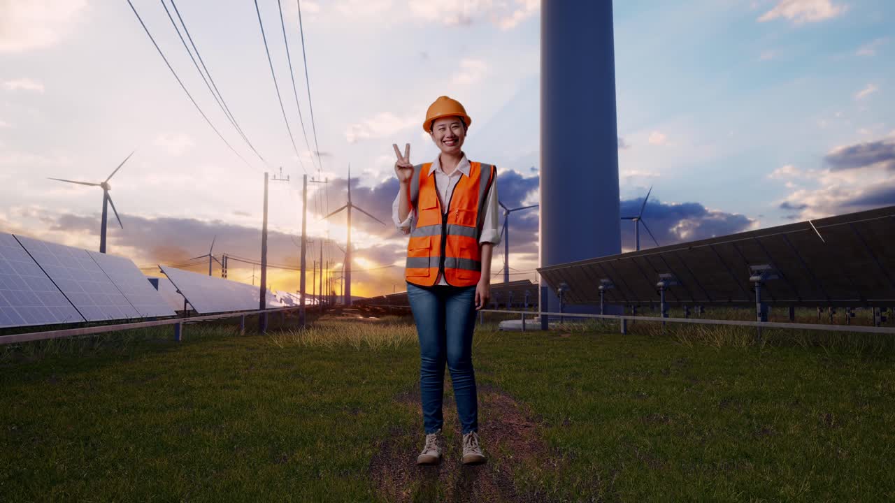 Full Body Of Asian Female Engineer With Safety Helmet Smiling And Showing Peace Gesture With Solar Panel and Wind Turbines