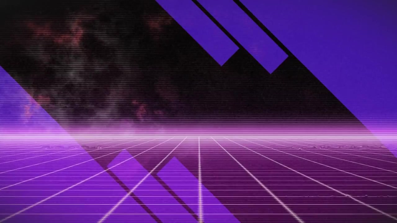 Sfondo a griglia in stile Retro Synthwave con forme geometriche astratte viola
