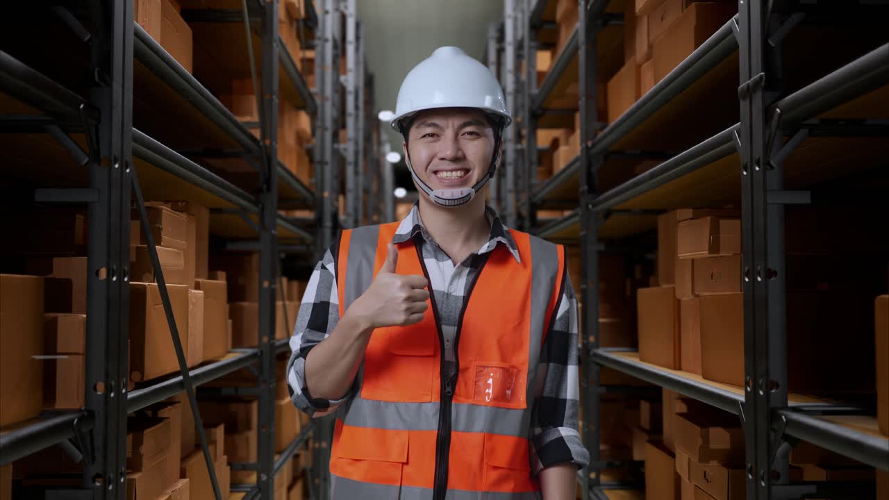ingeniero masculino asiático con casco de seguridad de pie en el almacén con estantes llenos de bienes de entrega. sonriendo y mostrando los pulgares hacia arriba gesto a la cámara en el almacenamiento