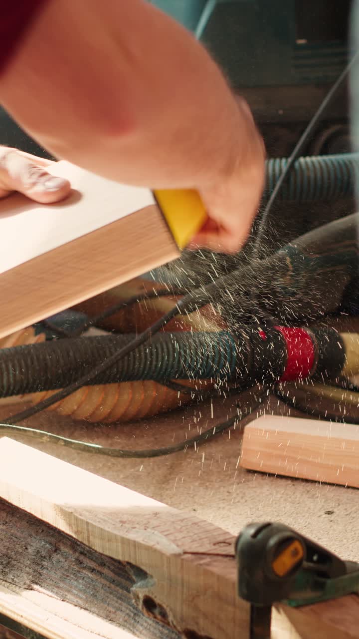 Close-up of Hands Sanding Wood with a Hand Block in a Workshop