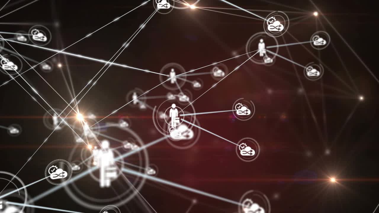 Target ring fading in, main user lighting and linking cloud nodes, showing network links
