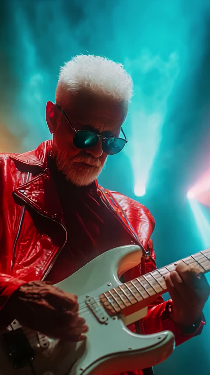 An electrifying performance featuring a seasoned musician in a bold red leather jacket, passionately playing a guitar under vibrant stage lights