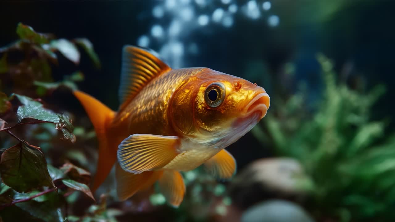 Un bellissimo pesce rosso che nuota con grazia in un rigoglioso acquario, circondato da piante acquatiche e bolle in un'affascinante scena subacquea