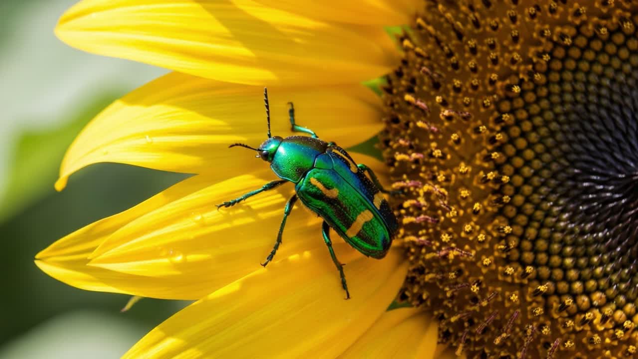 A Vibrant Green Beetle Perched on a Bright Yellow Sunflower, Showcasing the Beauty of Nature and the Intricate Details of Insect Life and Floral Splendor