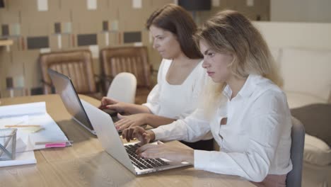 mujeres profesionales sentadas juntas en la mesa, trabajando con computadoras portátiles