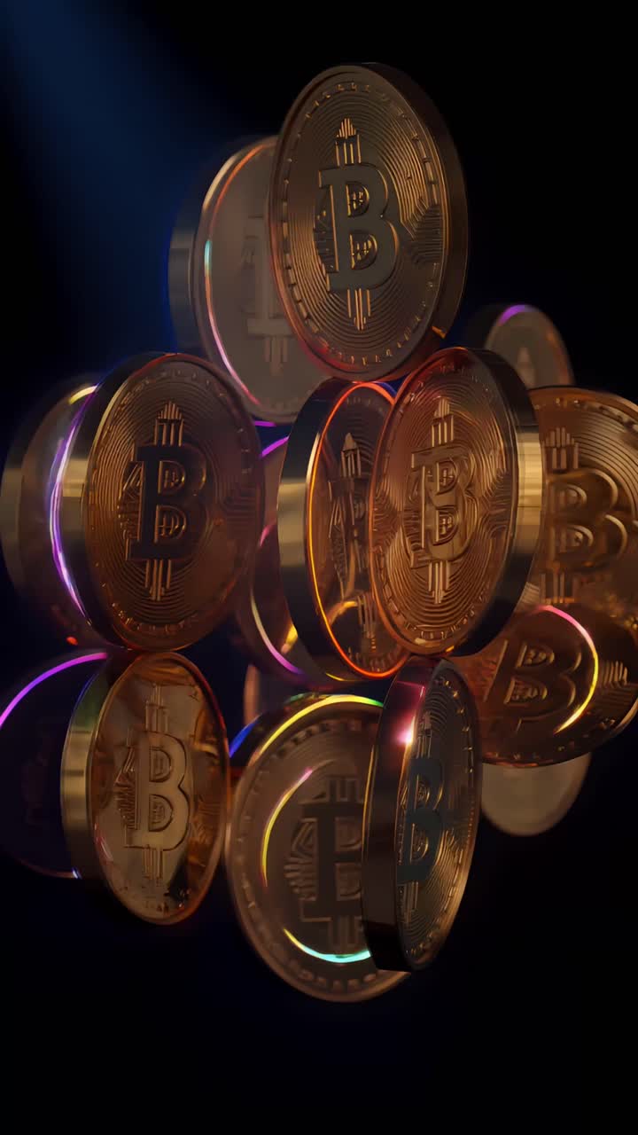 Animazione rotante di Bitcoin dorato su sfondo scuro, criptovaluta cinematografica 4K.