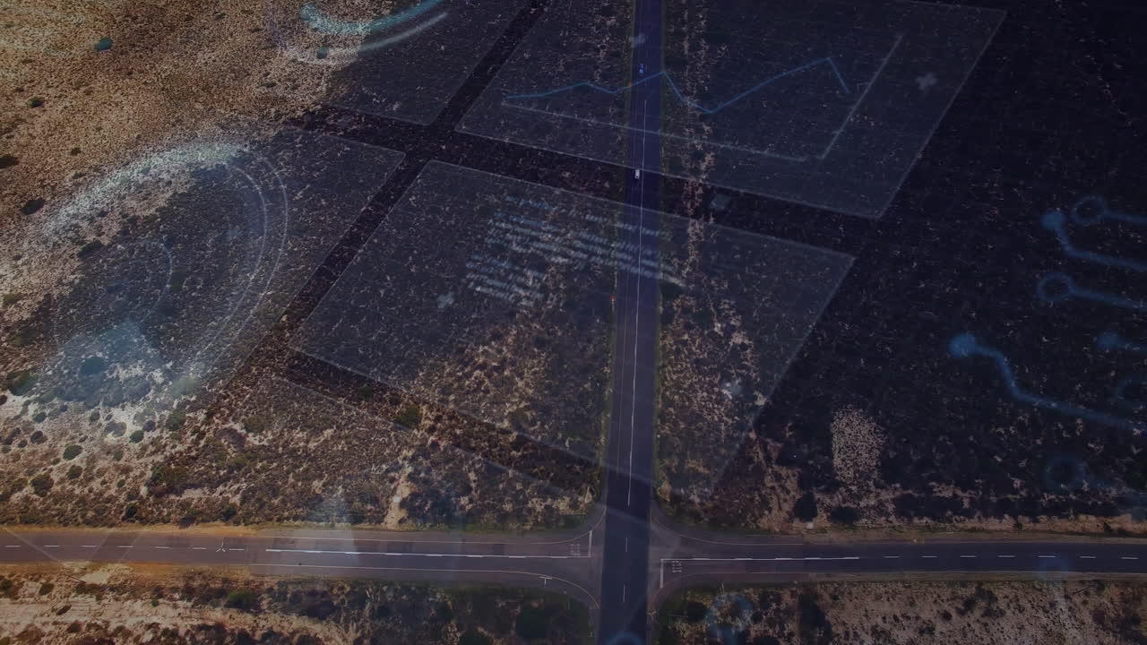 Road intersection overlaid with digital mapping and navigation animation