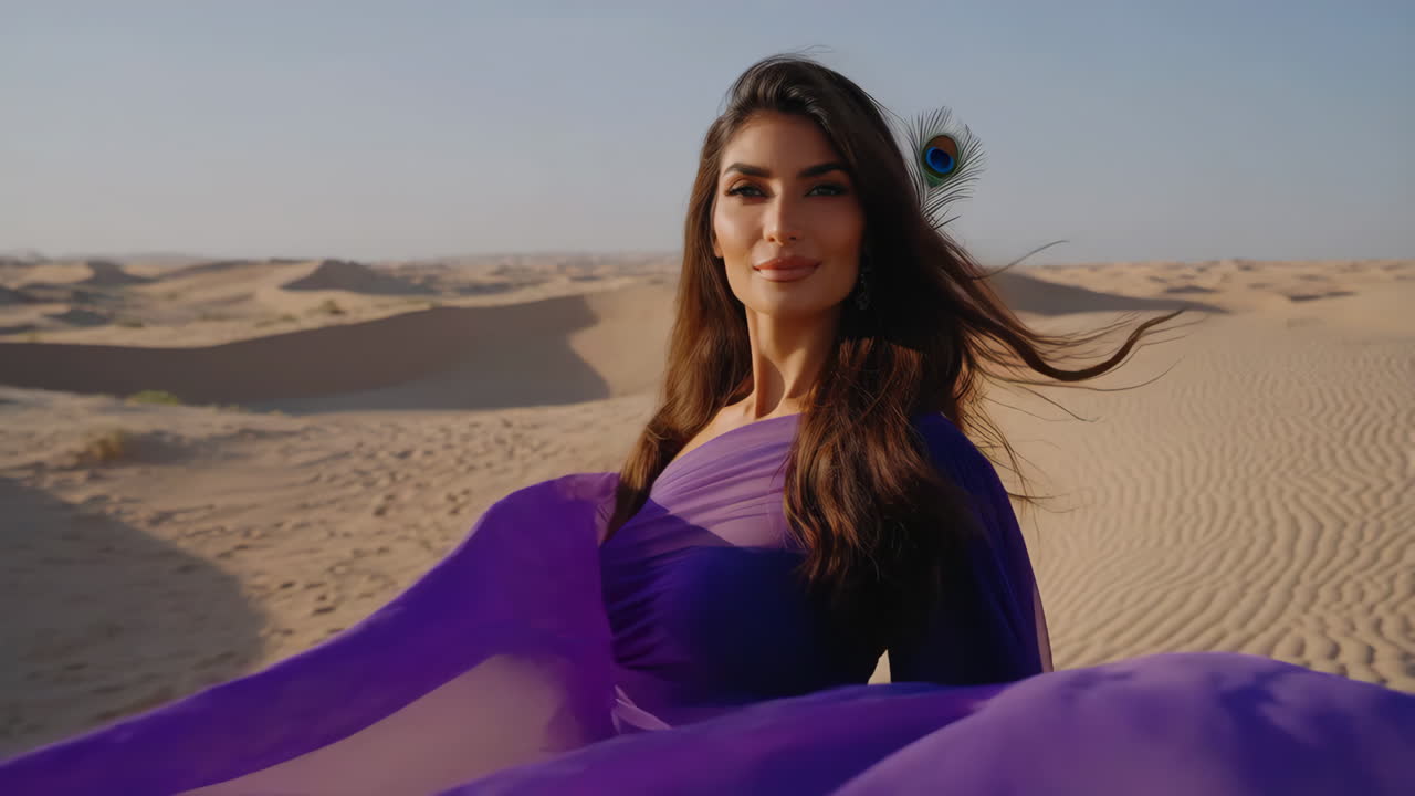 Donna elegante in abito viola con piuma di pavone nel deserto