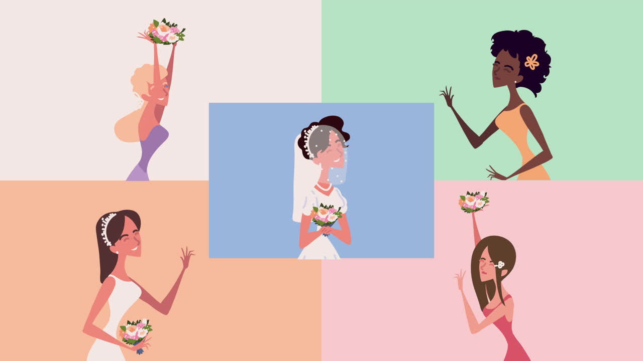 웨딩 드레스와 신부 파티를 입은 여성