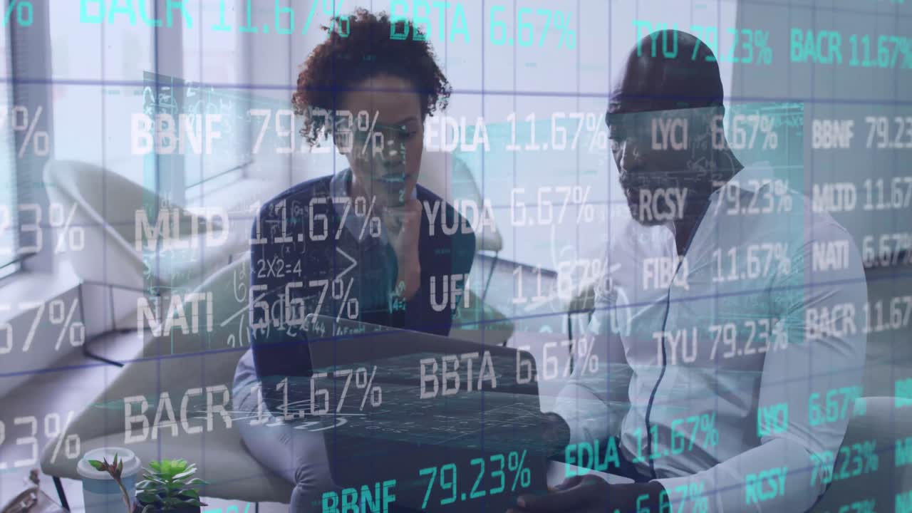 Animation of data processing over african american business people in office