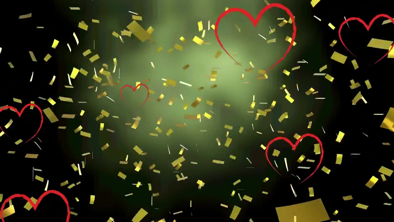 Animation of hearts floating over confetti on black background