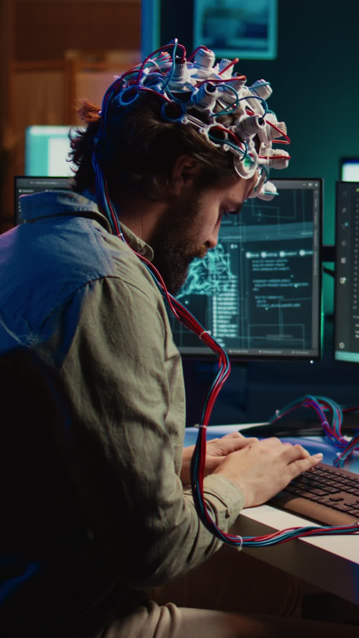 Man Wearing Brain-Computer Interface Headset While Coding on Computer