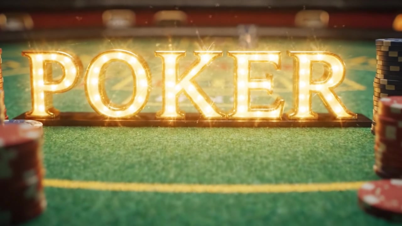 Opplyst pokerskilt med fargerike sjetonger på et grønt filtbord i et engasjerende kasinomiljø, som fanger spenningen i spillet i en glamorøs atmosfære