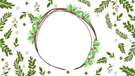 animation of circle frame with copy space and christmas decorations on white background