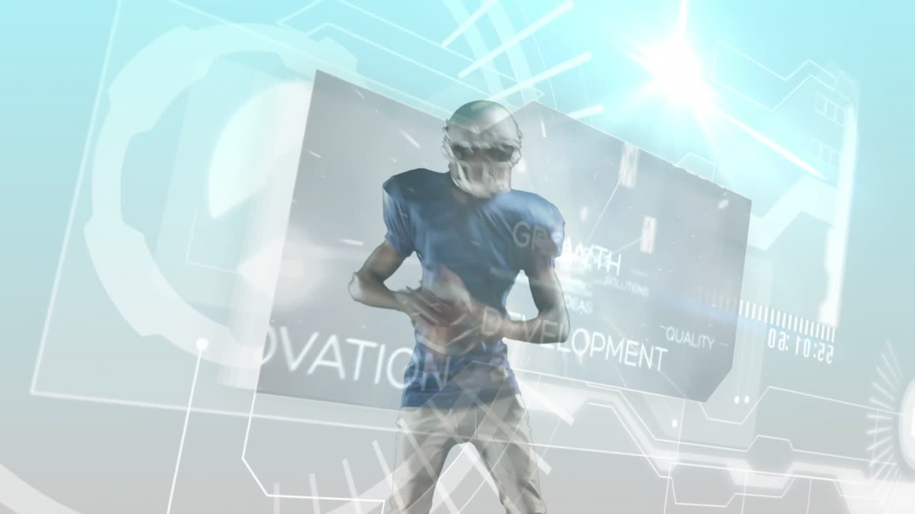 Running American football player with futuristic animation data graphics overlay
