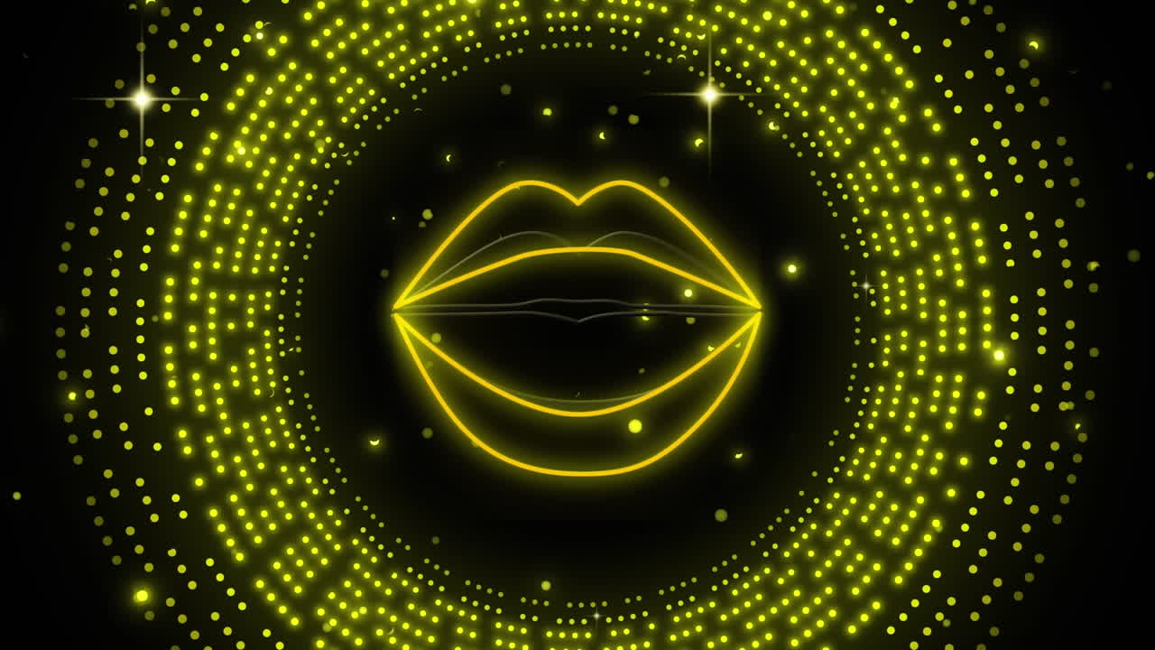 Animazione di labbra al neon su motivo di luci gialle lampeggianti