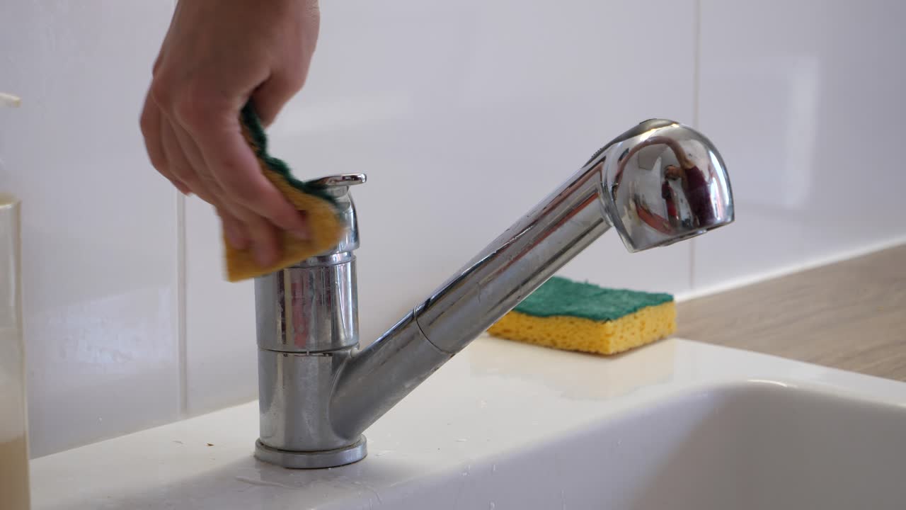 Kvinde rengør badeværelsesvasken med en gul svamp