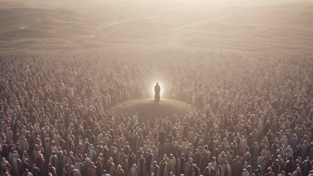 Aerial view of a vast crowd surrounding a central figure, evoking a cinematic, epic video scene