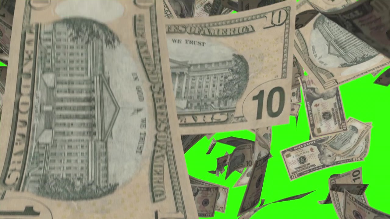 Fallende amerikanske ti-dollarsedler på grønn skjerm