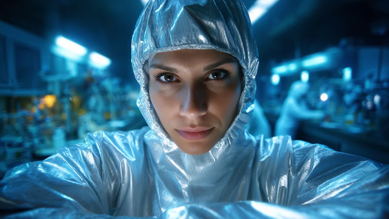 Nahaufnahme einer fokussierten Person in einem silberfarbenen Schutzanzug inmitten einer High-Tech-Laborumgebung, die Entschlossenheit und Innovation in der Wissenschaft hervorhebt