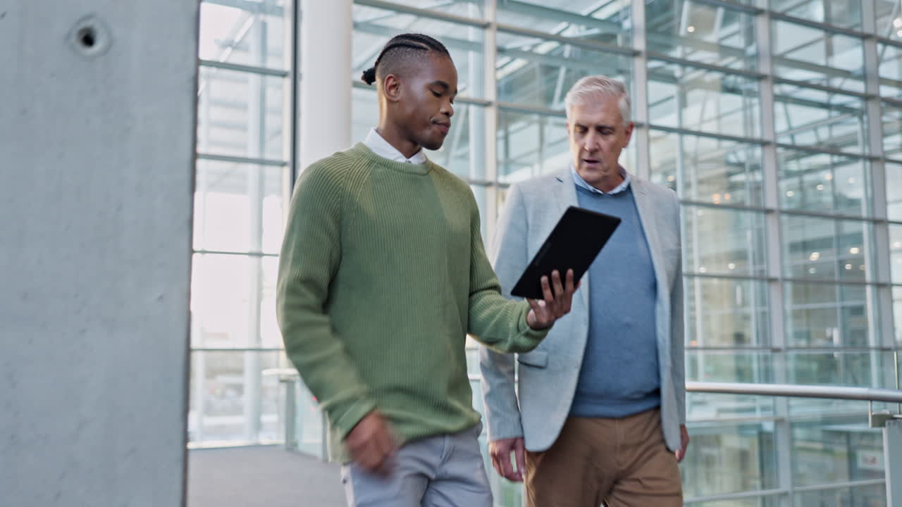 Mentor, planning and tablet with business people