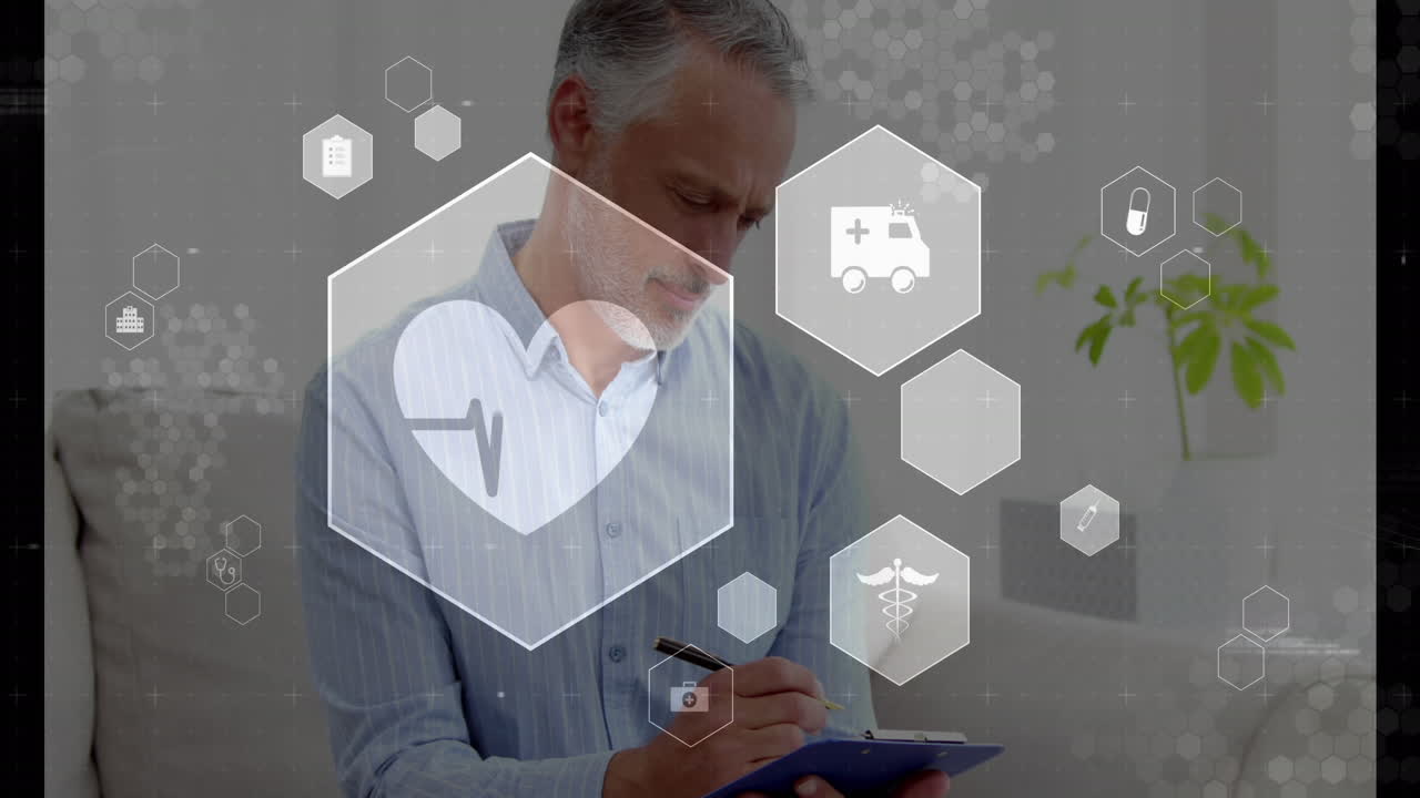 animación de iconos digitales sobre el médico caucásico