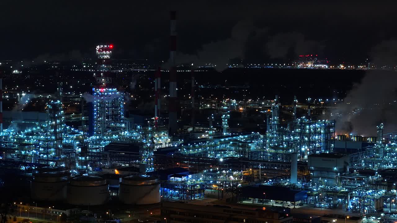 夜の巨大な石油ガス精製所の空撮。石油化学工場はまばゆく照らされ、煙突からは煙が立ち上っている。