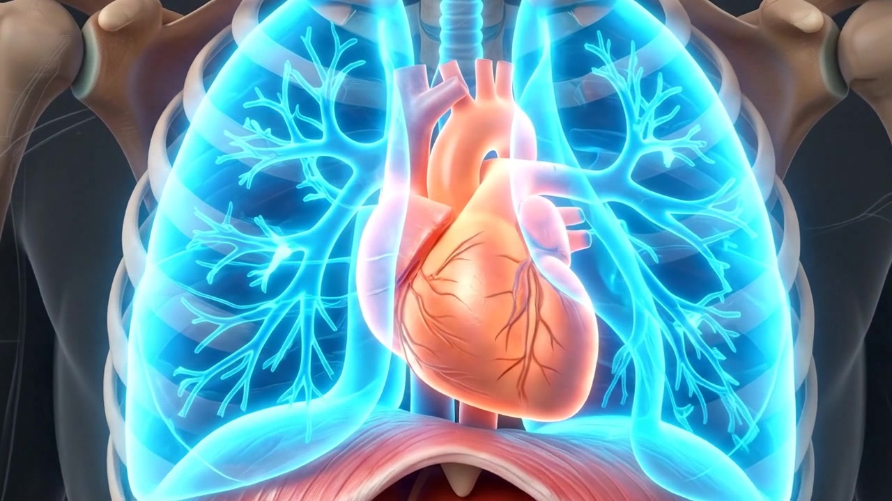 Transparent lungs and heart illuminated within a transparent upper torso